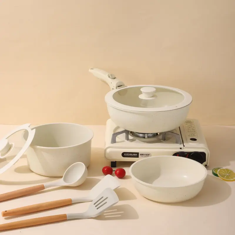 Granite Maifan Stone Cookware Set with Detachable Handles, Non-stick Wok, Frying Pan & Milk Pot for Gas and Induction Cookers, Nonstick Cooking Set