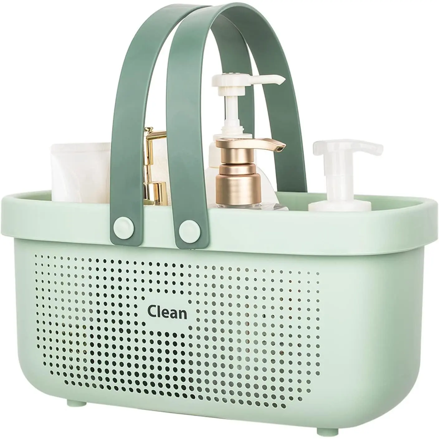 Large Capacity Plastic Storage Basket with Silicone Handles - Sturdy Drainage Organizer for Bathroom, Kitchen - Green