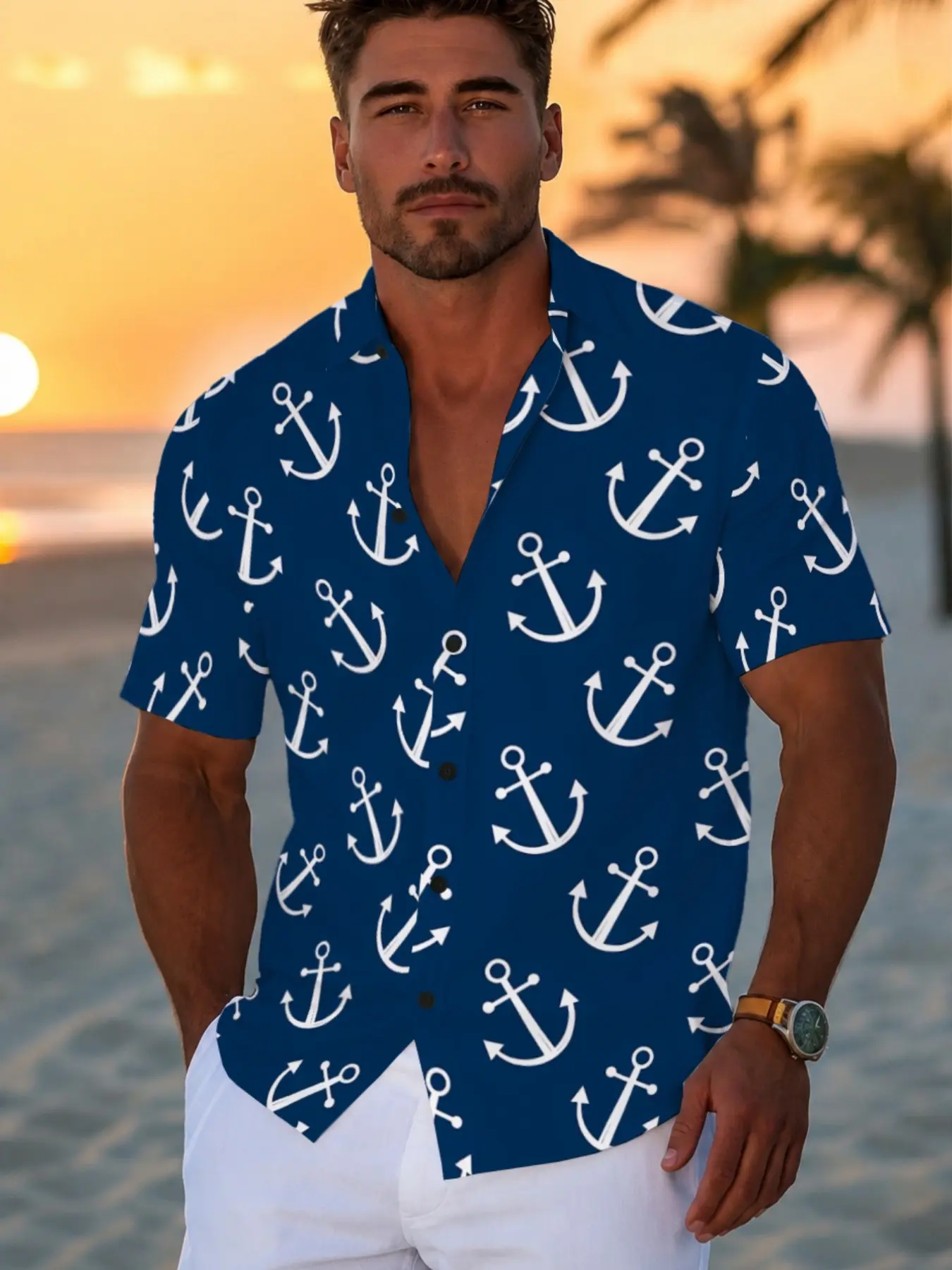 Men's Casual Printed Shirt, Anchor Pattern Design, Summer New Top, Street Fashion, Comfortable Fit, Ideal for Daily Wear