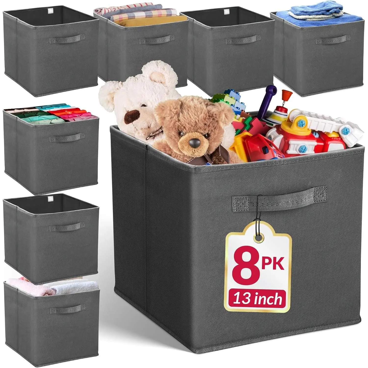 13x13x13 Storage Cube Bins (8 Pack) Dark Gray, Fabric Organizer Cubes