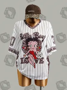 Street fashion cartoon print breathable mesh short-sleeved T-shirt, loose fit four-season short-sleeved T-shirt
