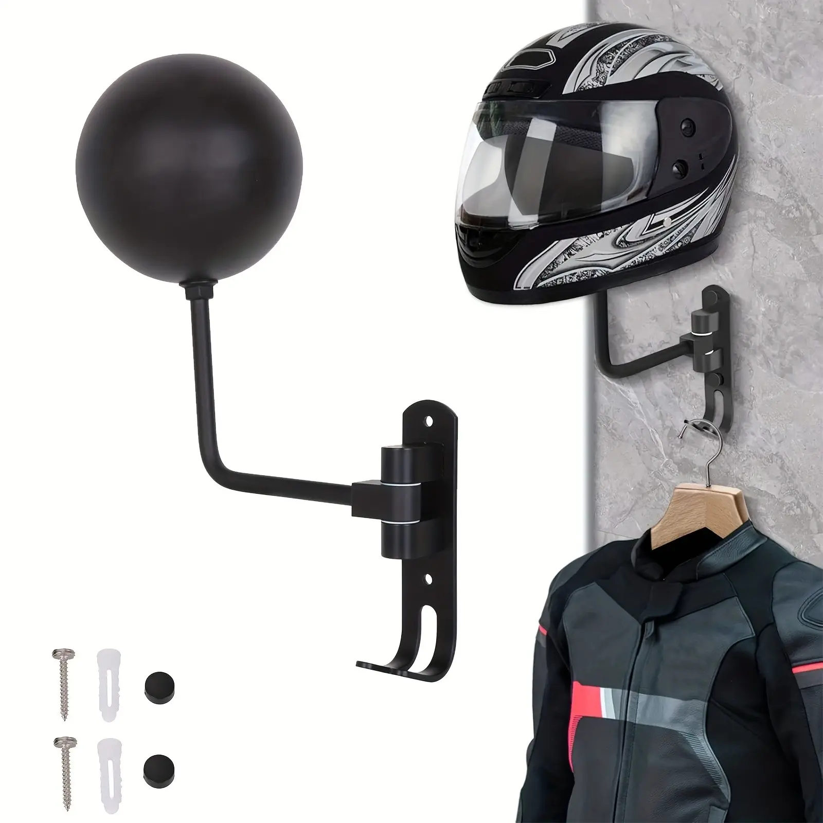 Motorcycle Helmet Holder Rack Wall Mount, 180 Degree Rotation, Double Hook for Coats Caps Hats, Motorcycle Accessories