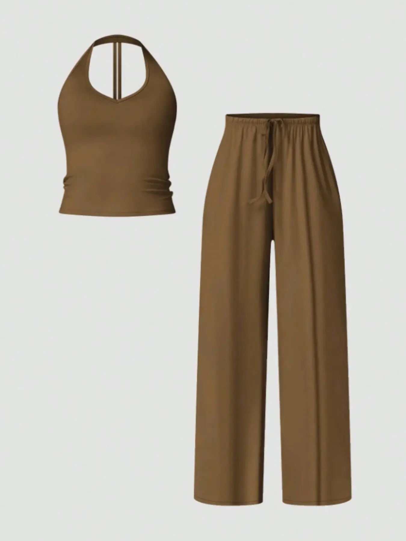Women's Yoga Set, Halter V-Neck Backless Design, Detachable Pads, Sport Bra Top, Mid-Waist Pocketed Pants, Loose Fit, Casual Fashion