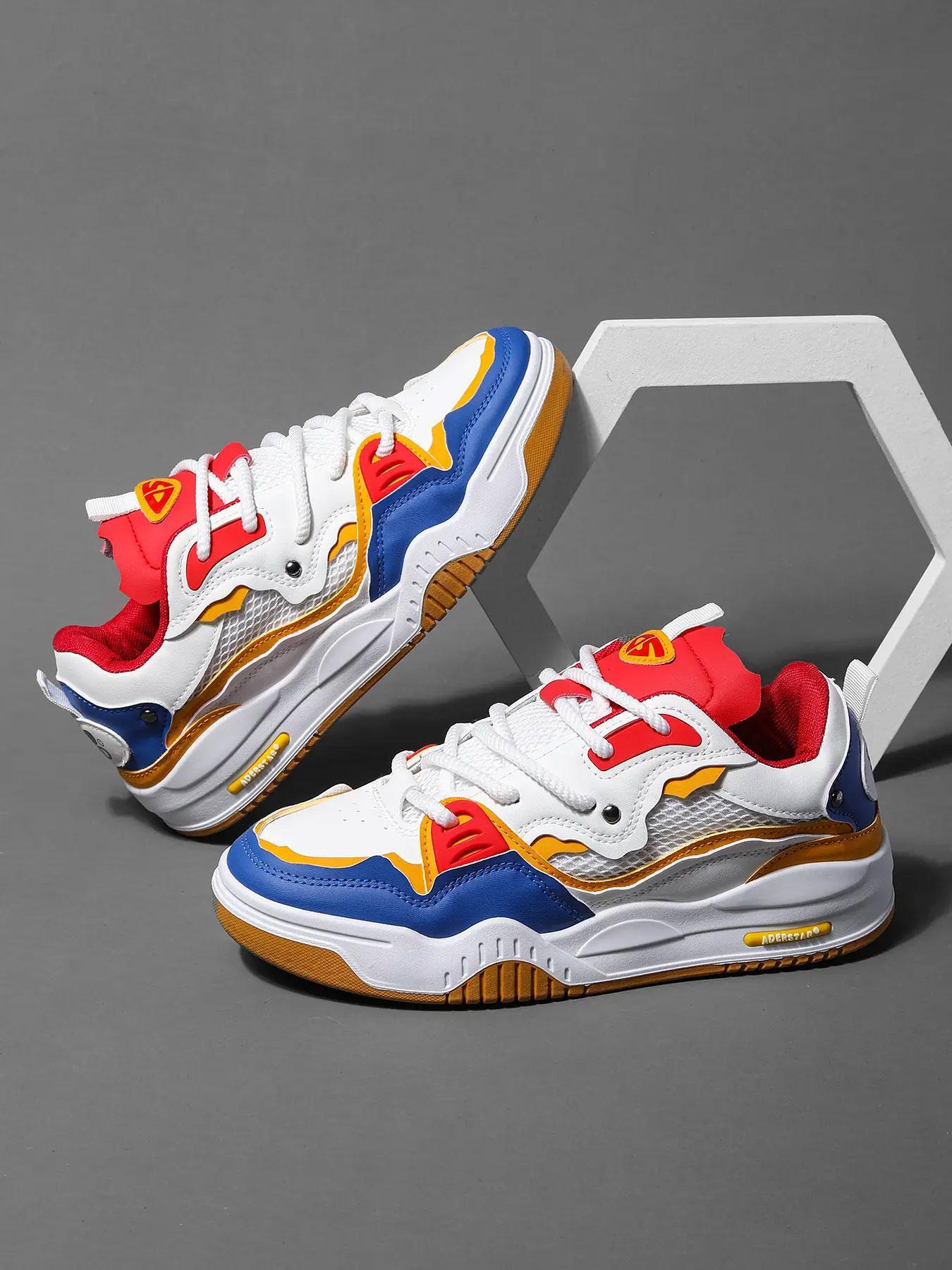 Men's Casual Thick Laces Skate Shoes, Letter Patched Design Low Top Skate Shoes, Contrast Mesh Design Platform Shoes