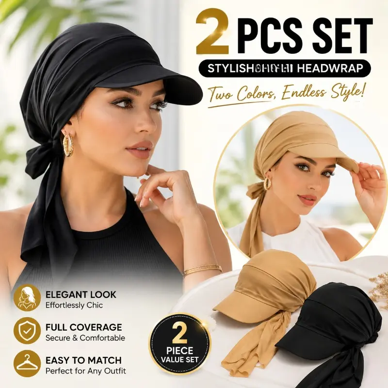 2 Pieces Turban Headwrap Multipack, Solid Color Bow Tie Design Full Coverage Soft Head Scarf with Sun Visor Brim, Comfortable Hair Cover Accessories for Outdoor Travel, Daily Casual and Hair Loss Use