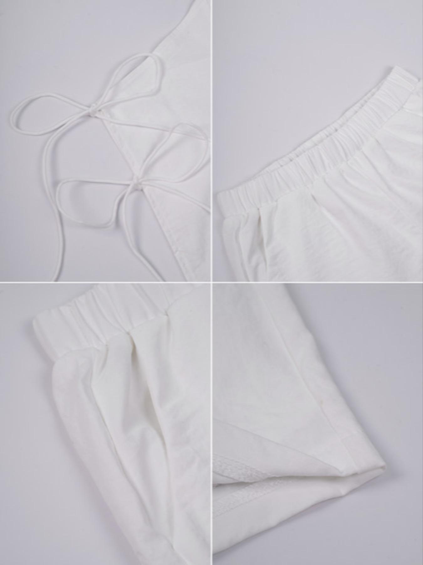 Women's Solid Color Fitted Tie Back Top & Shorts Set, Casual Fashion Chic Two-piece Outfits for Summer, Ladies Clothes for Beach Holiday Vacation, Womenswear