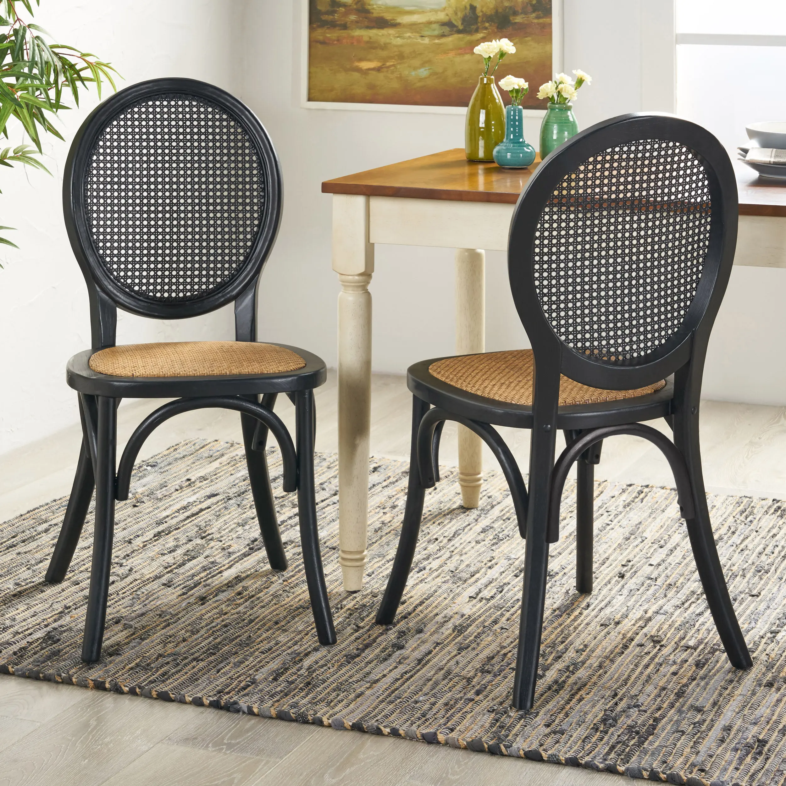 Nokaa Set of 2 Vintage Dining Chairs with Rattan Cane Backrest and Seat, Elm Wood Frame, Matte Black Finish, Curved Concave Legs, 22W x 17.75D x 36.25H Inches, for Kitchen, Dining Room, Cafe, Restaurant