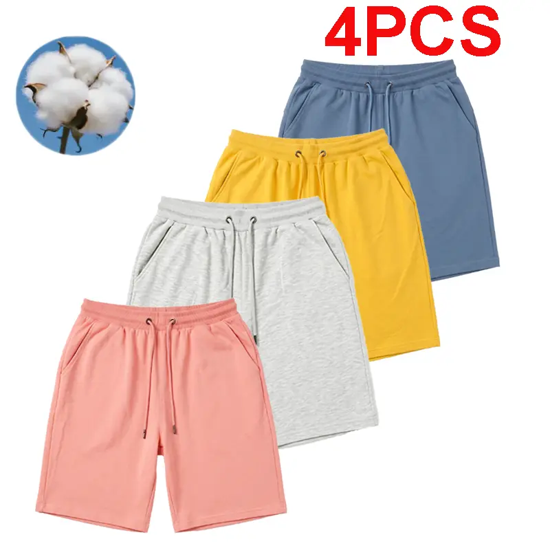 Men's 4-Pack Pure Cotton Athletic Fleece Shorts - Cloud-Soft Knit Activewear with Pockets, Elastic Waist, Breathable Design; Natural, Peach, Plain, Metallic, Gray, Pink, Yellow, Blue for Gym, Loungewear (Pairs with Hoodie)