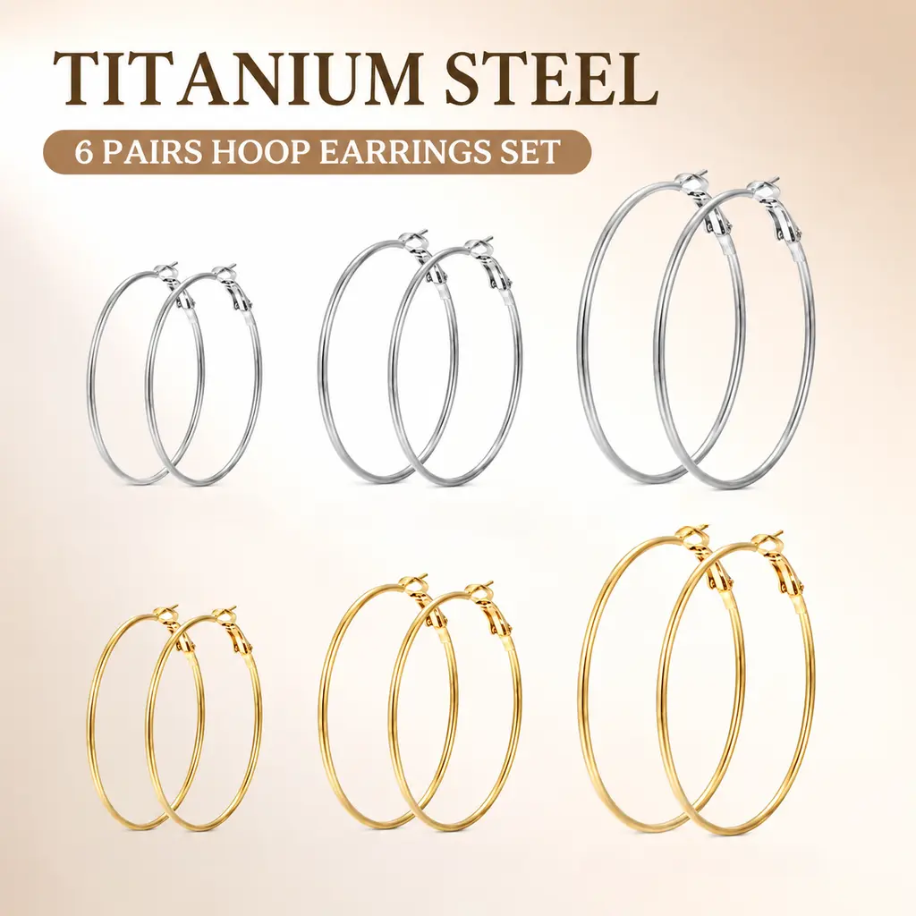 6 Pairs Titanium Steel Hoop Earrings Set for Women, Hypoallergenic Large Hoops in 40/50/60mm, Gold & Silver Tone, Lightweight Big Circle Earrings for Daily Wear Party, Fashion Jewelry Gift