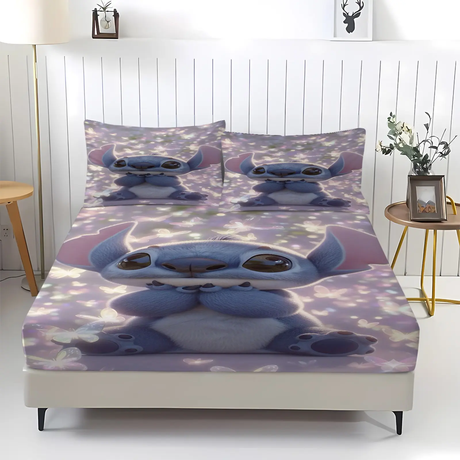 Stitch Cute Cartoon Pattern Bed Sheet, Comfortable Printed Pattern, Includes 1 Bed Sheet and 2 Pillowcases, Comfortable Bedding, Non slip Dust Cover Suitable for Bedroom and Guest Room, Suitable as a Children's Gift