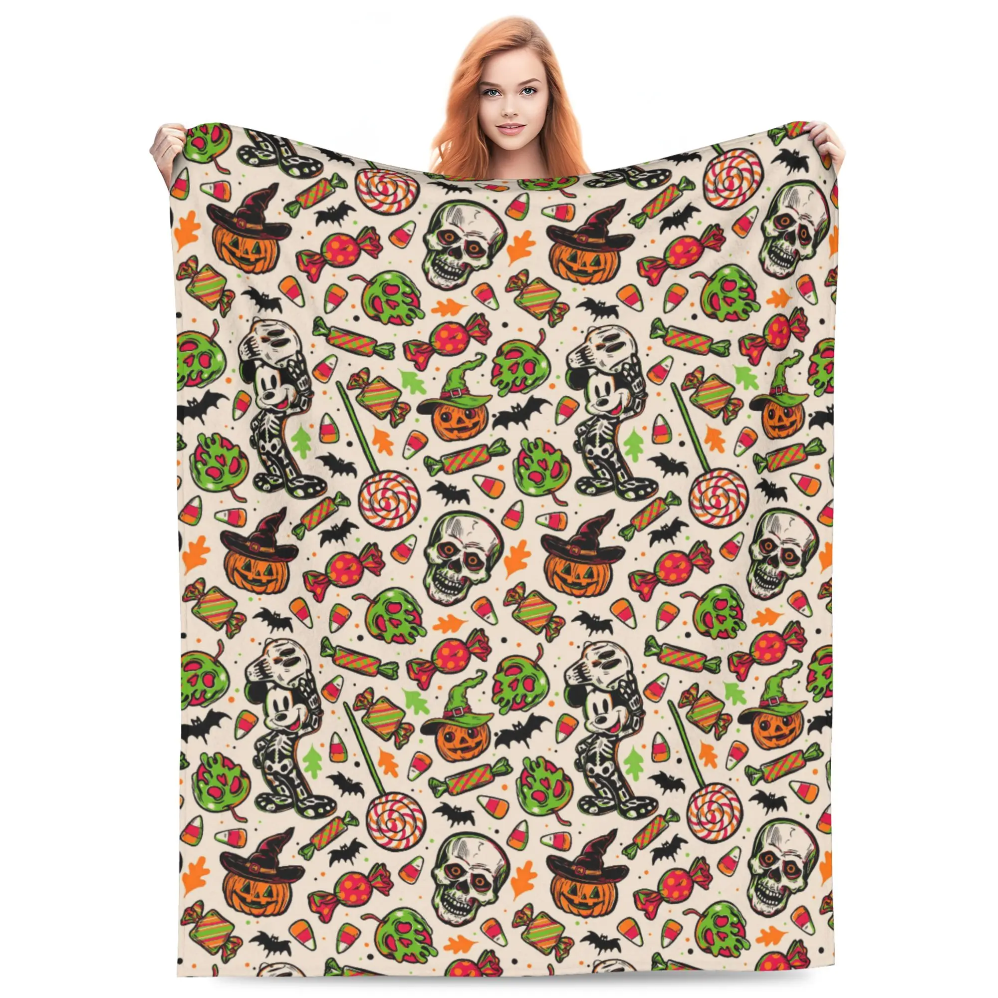 Disney Classic Skeleton Mickey Halloween Theme Flannel Fleece Blanket, Cartoon Print with Jack-O-Lantern, Skull Candy, Bat & Green Monster Repeat Design, Multi-Size Cozy Throws for Sofa Bed, Gift for Spooky Disney Fans, Cartoon Print Blanket, Room Decor