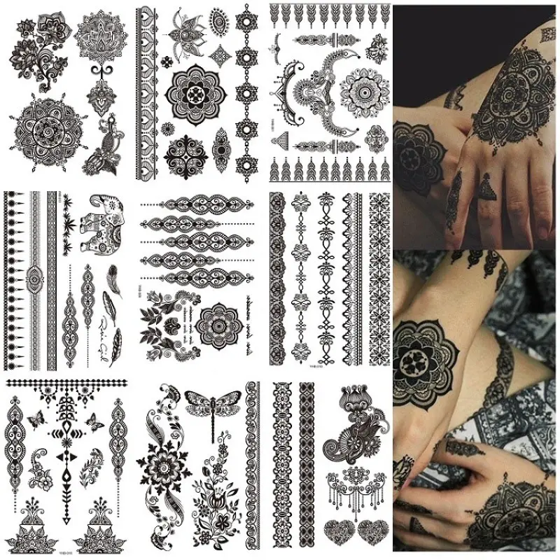 9 pcs Sexy Floral Tribal Toe & Hand Temporary Tattoo Stickers, Temporary Fake Tattoos, Waterproof Flower Tattoos for Women, Temporary Tattoo Kit for Weddings and Parties
