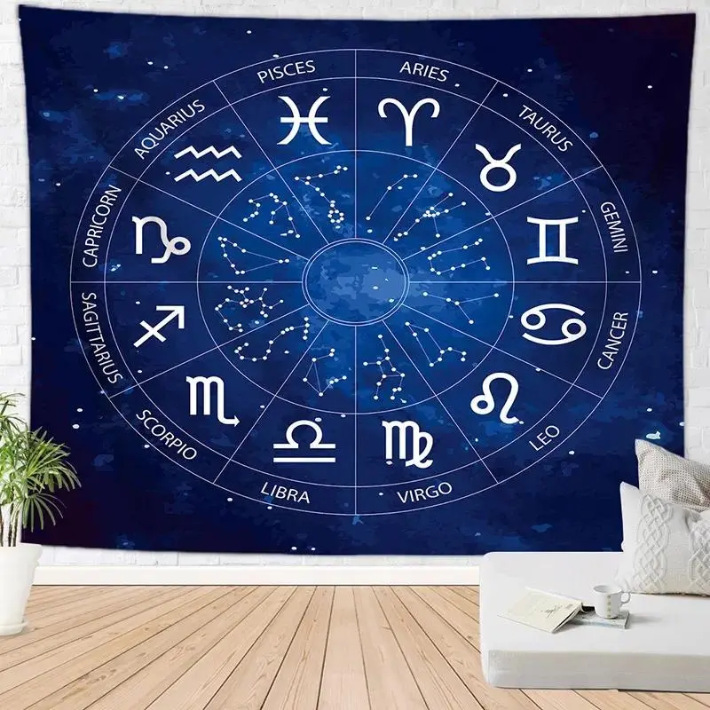 Blue Zodiac Constellation Tarot Tapestry - Witchy Celestial Sun Moon Lightweight Home Decor Wall Hanging, Boho Altar Curtain, Banner, Ideal for Dorm Bedroom Window Accents, Baby Shower/Independence Day Animal-Themed Photo Background Gift, Animals