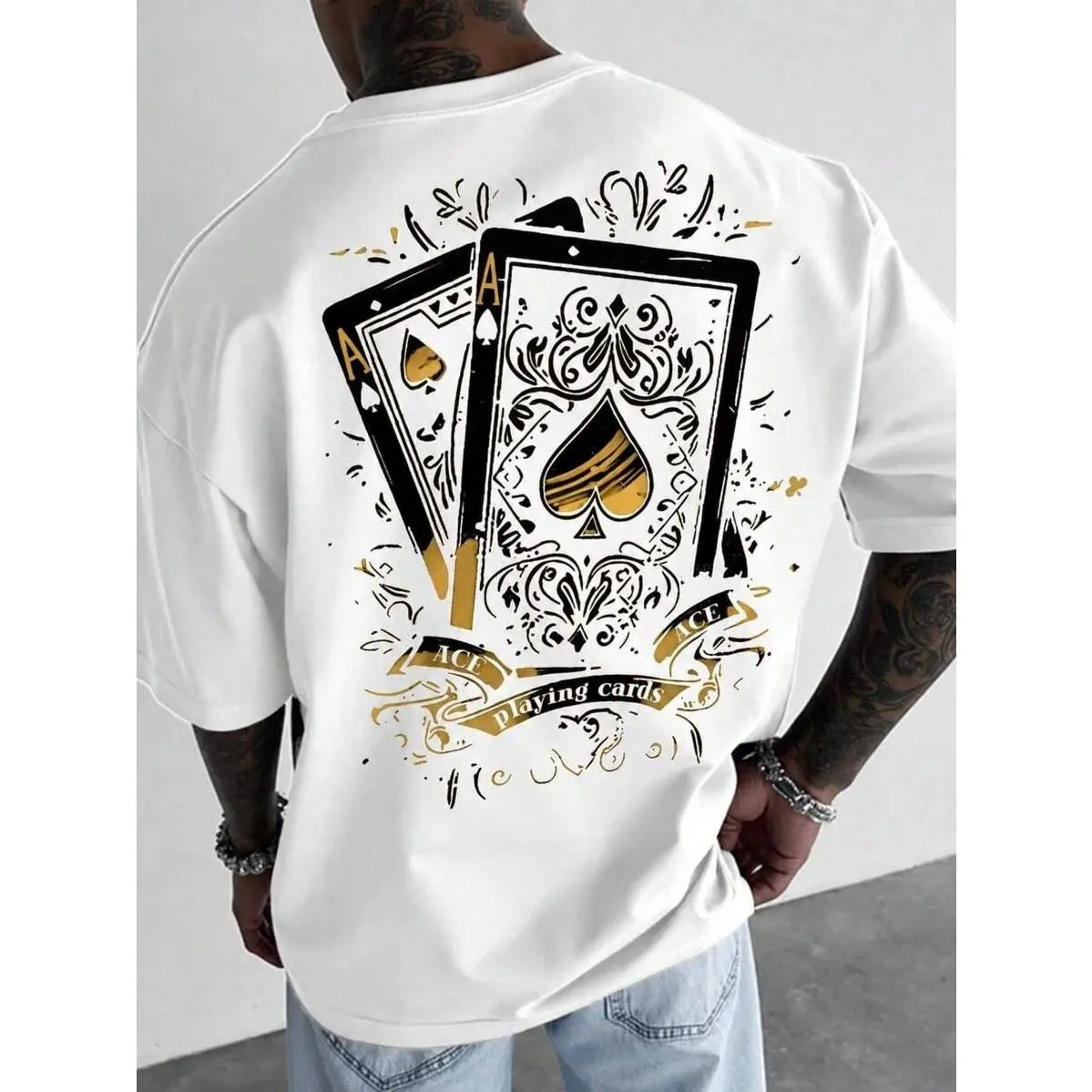 Gold Ace Spade Playing Card Back Print Top Men 100% Cotton Crew Neck Short Sleeve Tshirt Retro Ornate Poker Graphic Loose Gambler Casual T-Shirt