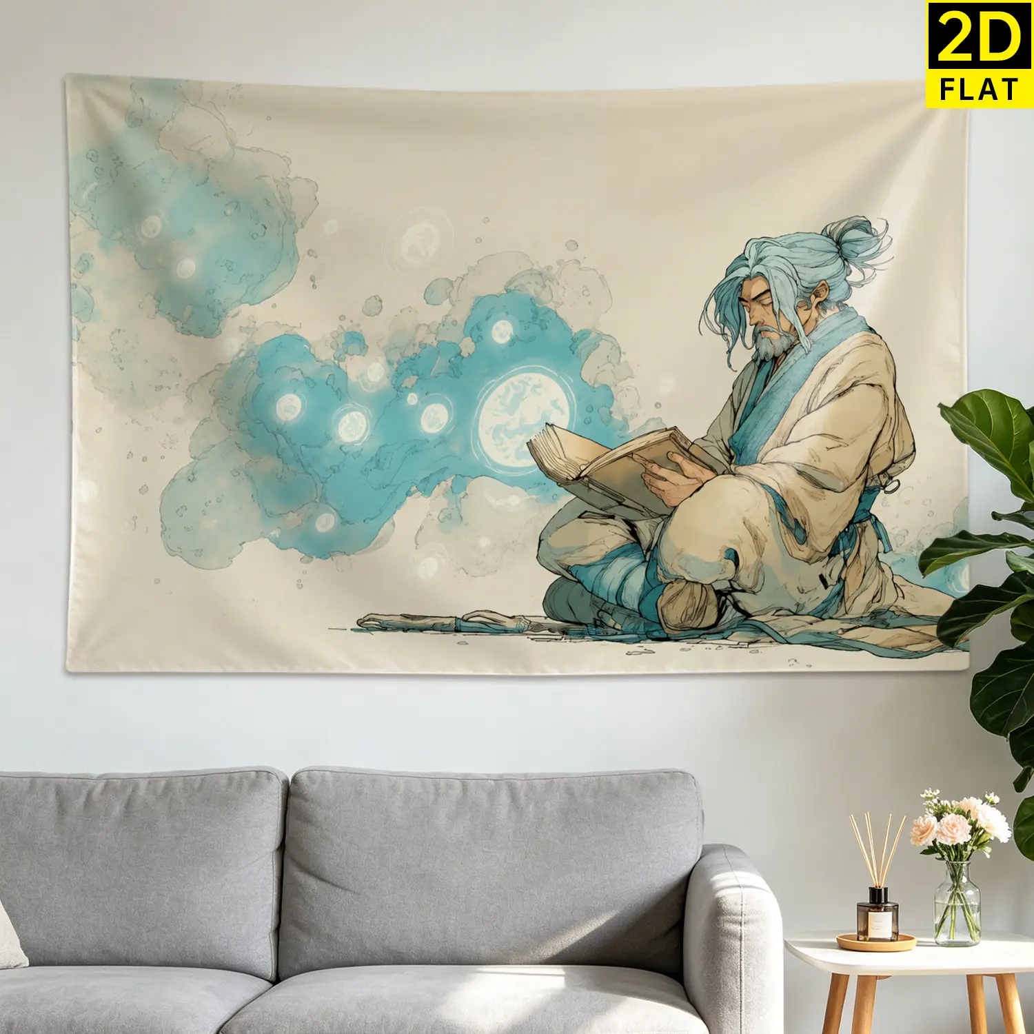 Large Horizontal Synthetic Polyester Tapestry - Zen Master Reading Book Magical Aura Printed, Home Decor Artwork, No-Installation Wall Decor Accessories for Living Room, Apartment Decorating, Gift for Family-Friends