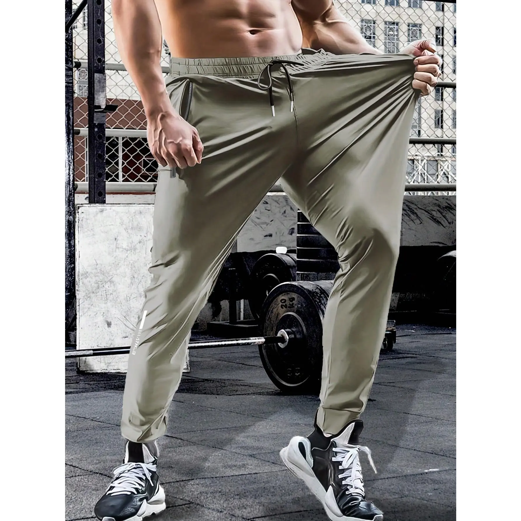 Men's Full-Length Nylon Fabric Sports Joggers - Spring/Summer, High Elasticity, Drawstring Waist, Solid Color, Zipper Pockets, Reflective Design, Machine Wash, Universal Sport, Outdoor Hiking Wear
