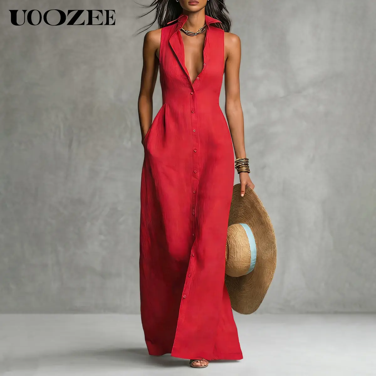 UOOZEE Women's New Summer Sleeveless Linen Blend Collared Maxi Shirt Dress, Button Down Casual  Long Dress with Pockets, Resort Vacation Outfit, Office & Beach Wear, Petite Note(Ladies with C - Cup and Above Need To Order One Size Up)