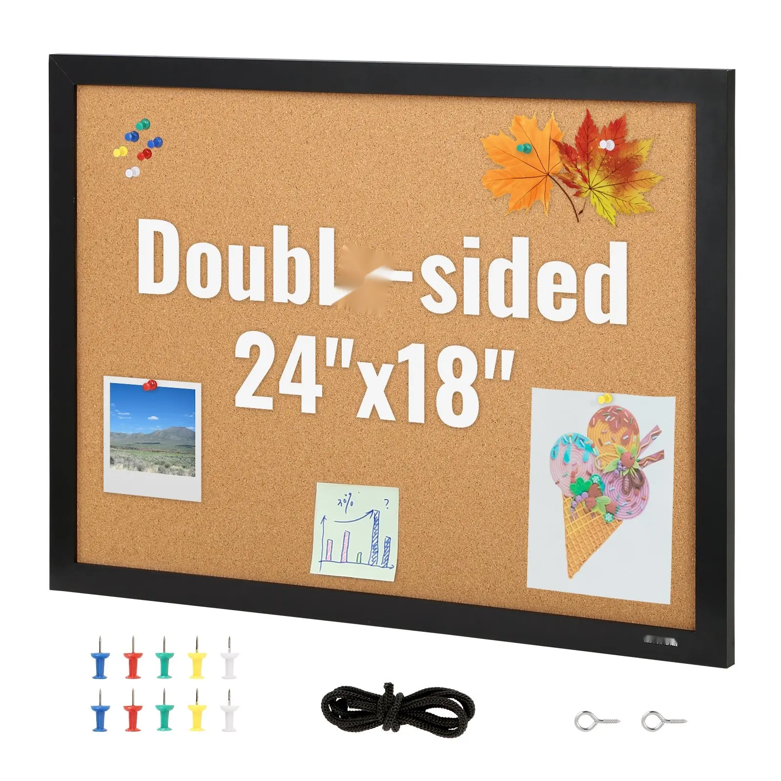 Cork Bulletin Board 24 x 18 Inches, Double-Sided Display Board With MDF Frame And Sticker Surface, Vision Board Includes 10 Pushpins, Ideal For Office, Home And School Decoration, Organization And Note Display
