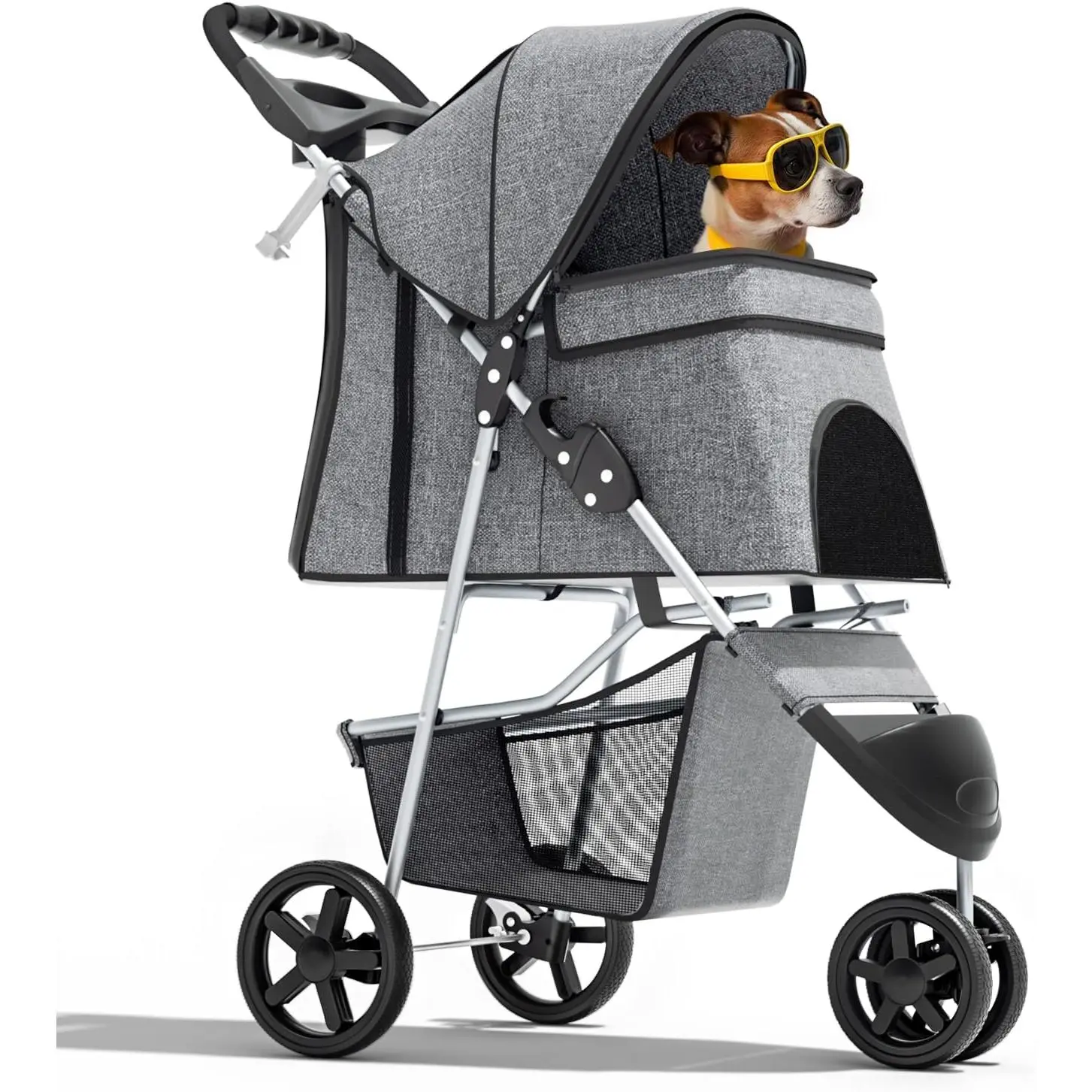 3-Wheel Pet Stroller, Foldable Travel Jogger for Small & Medium Dogs & Cats (Up to 33lbs), Lightweight Carrier with Breathable Mesh Cover, Cup Holder & Storage Basket, Gray