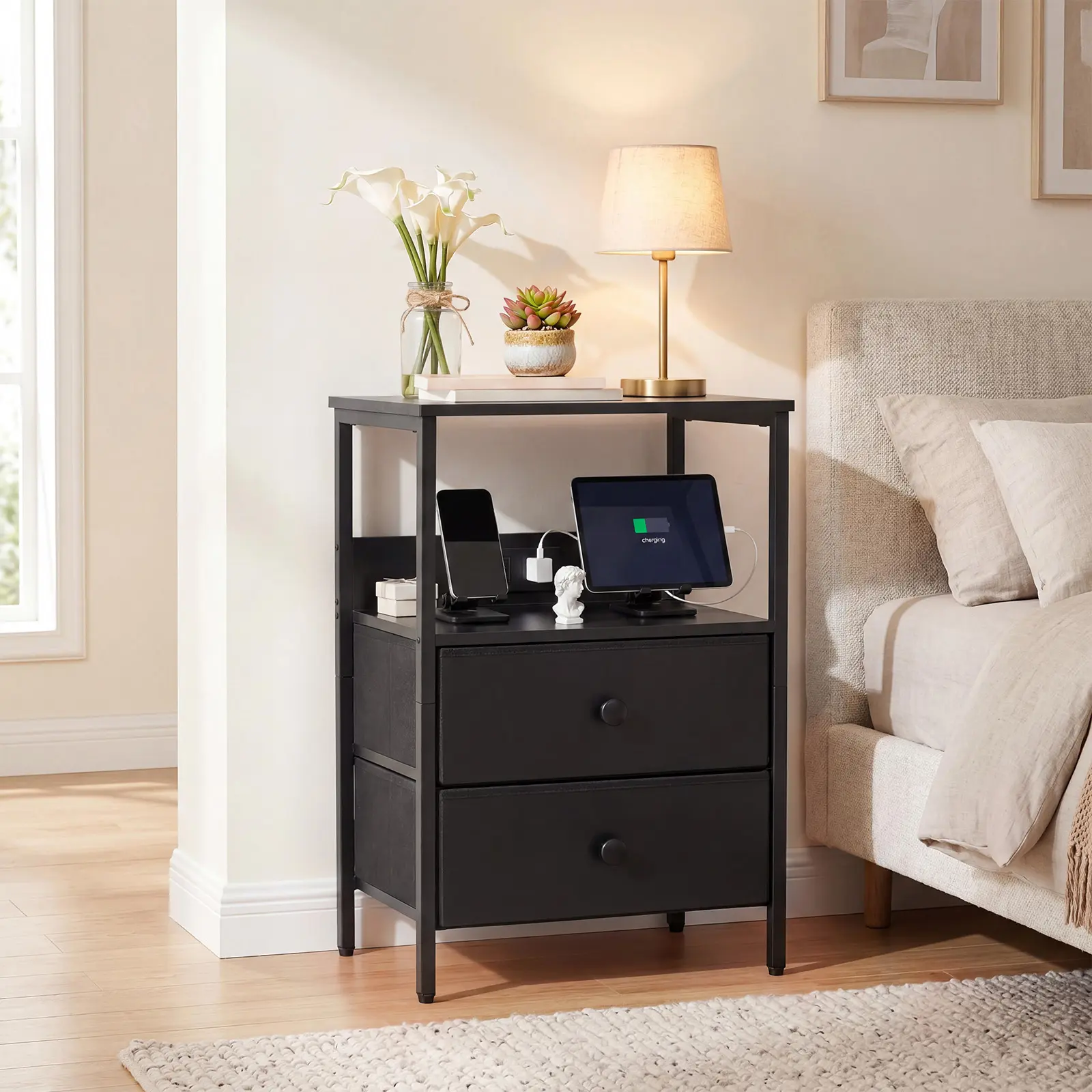 Modern Bedside Table with Charging Station, Compact Night Stand End Table with 2 Fabric Drawers & Open Storage Shelf, Side Table with USB, Type c Ports & Outlets, Modern Bedside Table for Bedroom, Black,dorm essentials,home decor
