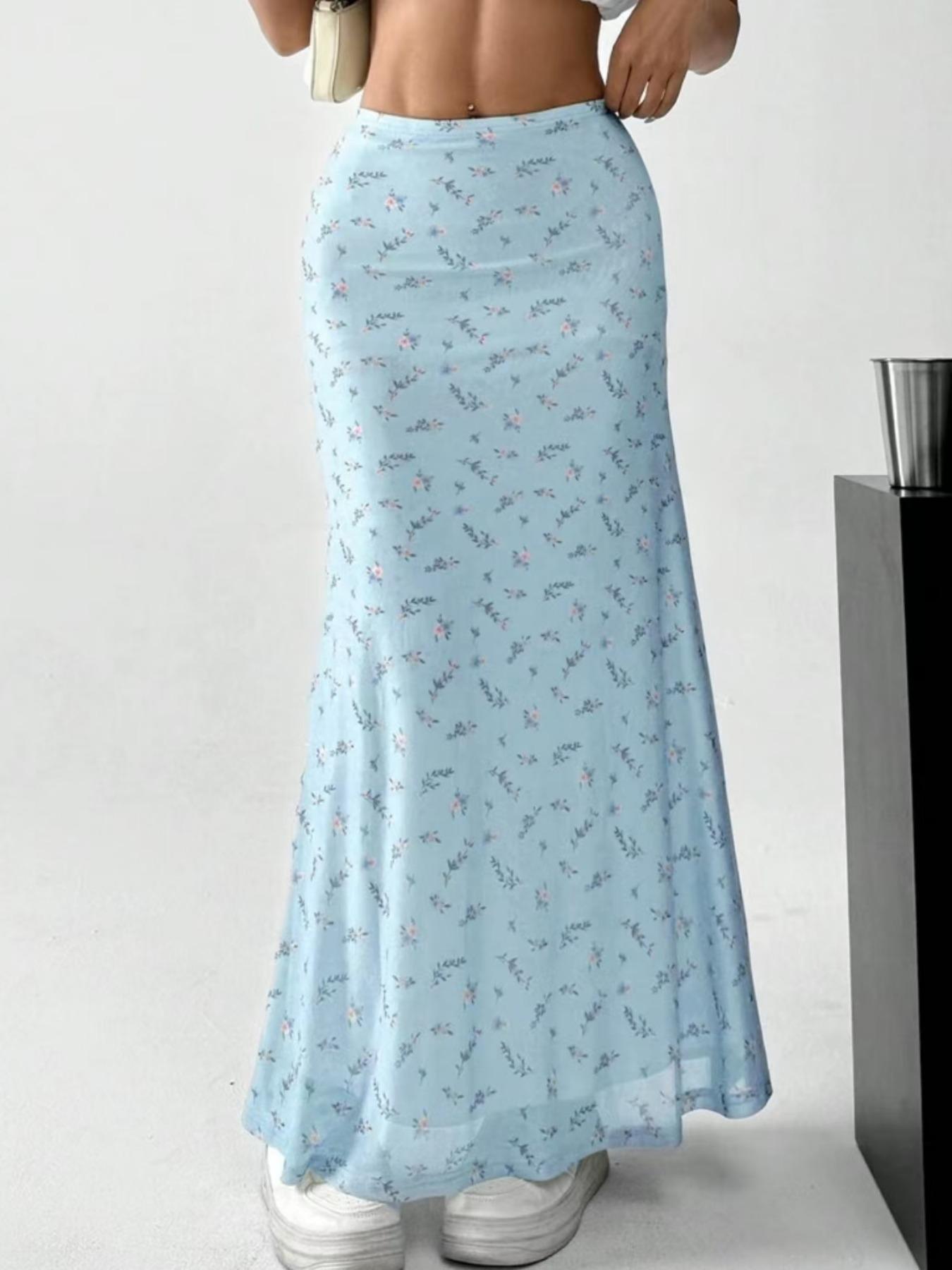 Women's Ditsy Floral Print Fish Tail Hem Skirt, Boho Fashion Long Skirt for Daily Holiday Vacation Wear, Ladies Bottoms for Summer