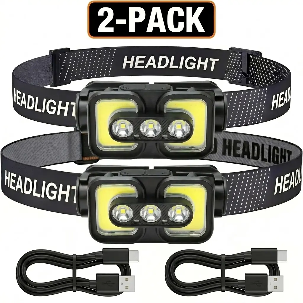 2Pack Ultra-Lightweight High-Lumen LED Headlamps (600 Lumens), USB-C Rechargeable Wearable Light with Red Light Mode, No-Bounce Hands-Free Headlight for Running, Camping, High-Lumen Headlamps