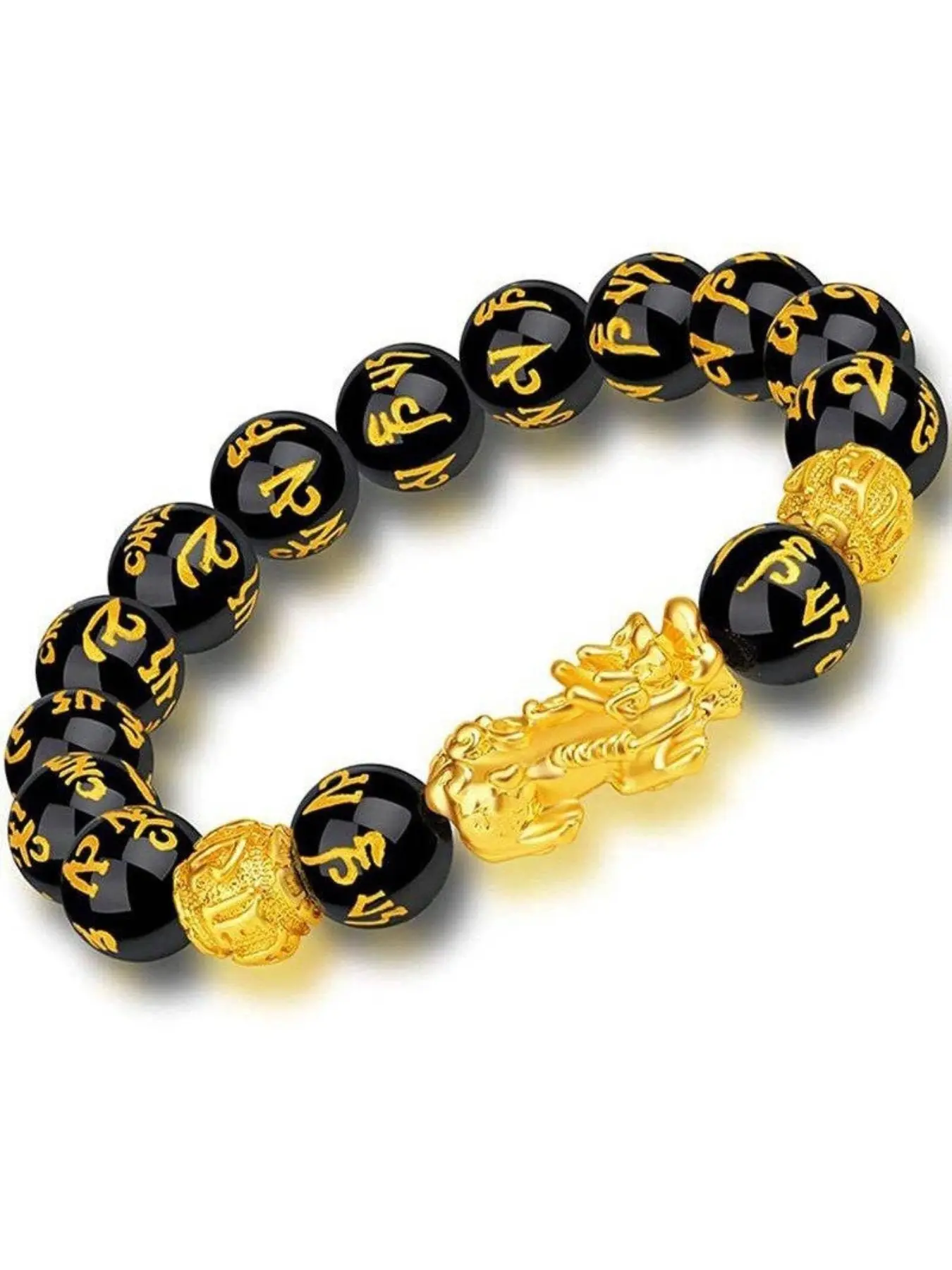 12mm Pixiu Feng Shui Wealth Lucky Bracelet, Hand Carved Piyao Bracelets for Men, Mantra Bands for Women, Elastic Bracelets for All Seasons