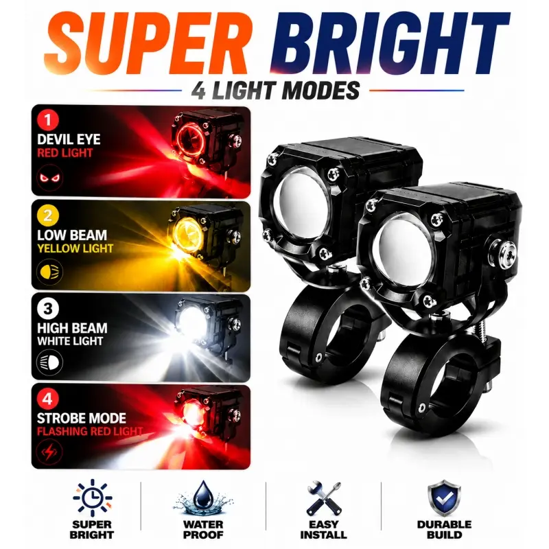 Zoomkey Motorcycle LED Light, 4 Modes High Low Beam + Strobe Devil Eye, Ip67 Waterproof, Universal Bike Auxiliary Lamp, Night Driving