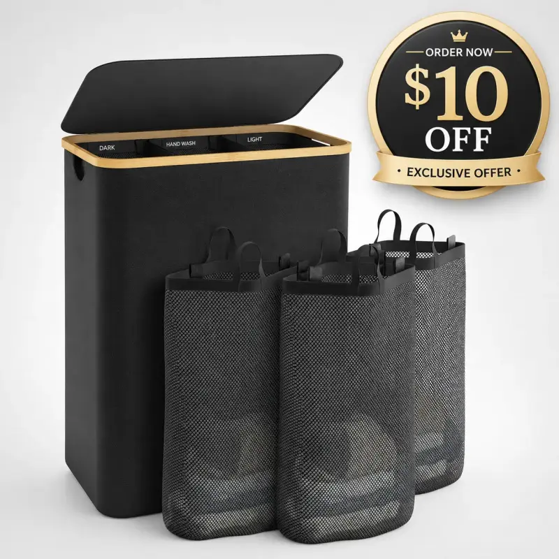 1 Pack Fabric Laundry Hamper with Lid, 160L Extra Large 3-Section Divided Basket, Clothes & Toy Storage for Bedroom Dormitory
