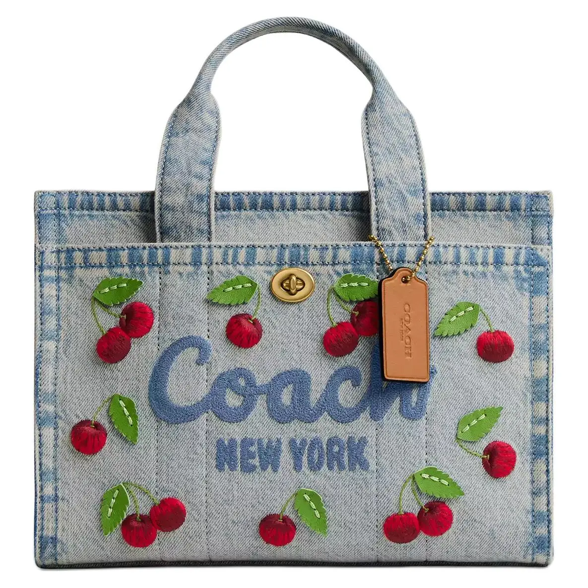 COACH Cargo 26 Cherry Embroidered Utility Tote Bag for Women – Denim and Walnut Calf Leather, Crossbody and Top-Handle, Multicolor
