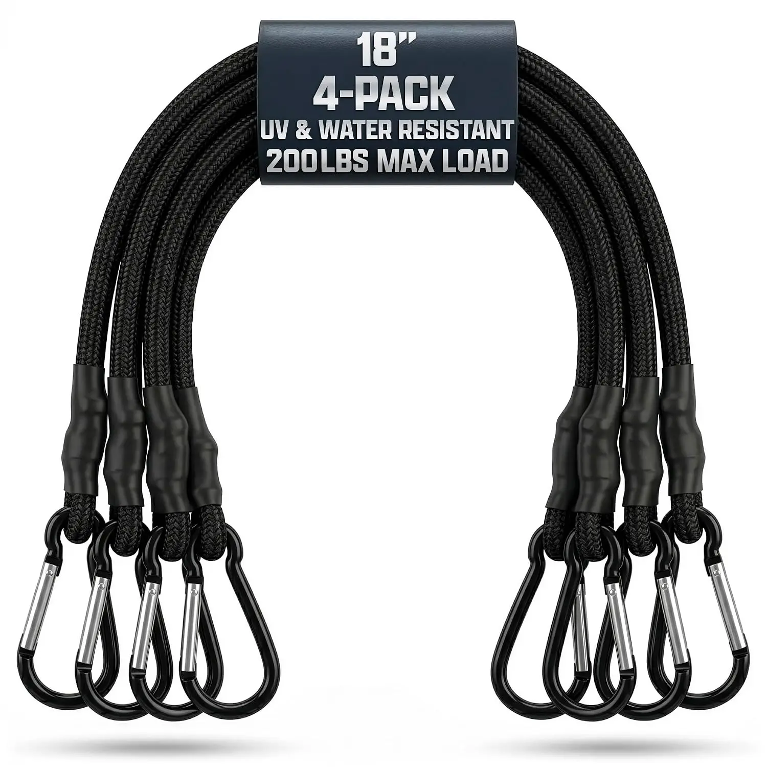 4 count Heavy Duty Bungee Cords with Carabiner Hooks - 18", 200 Lbs Load, Latex & Braided Rubber Cord, Anti-Rust Steel Carabiner Bungee Cord,  | Camp, , RV, Kayak |  & Outdoor Use