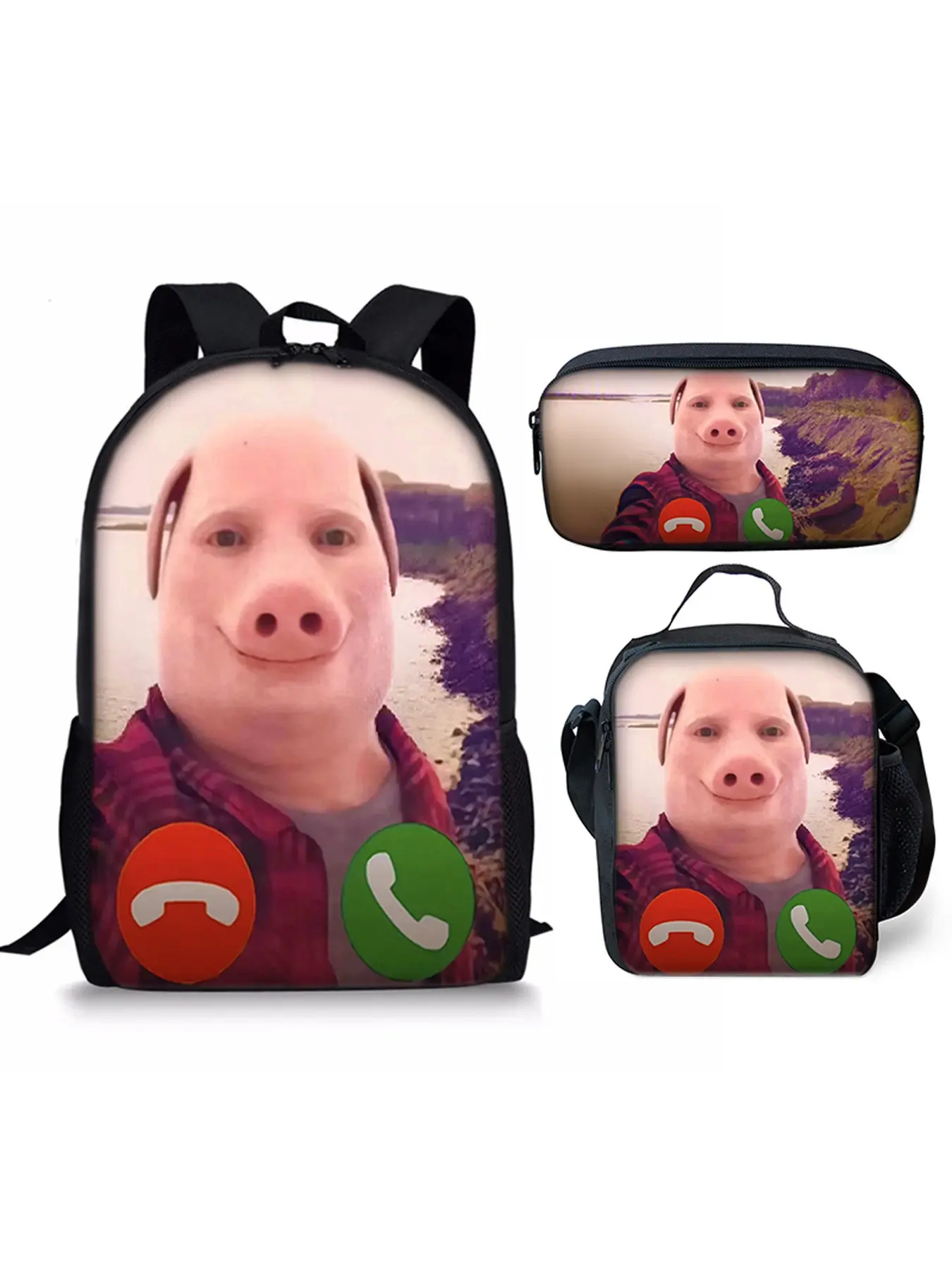 Funny Pig Face Incoming Call Backpack Set 3Pcs, Meme Cartoon School Bag Lunch Box Pencil Case, Y2K Weird Aesthetic Student Bookbag
