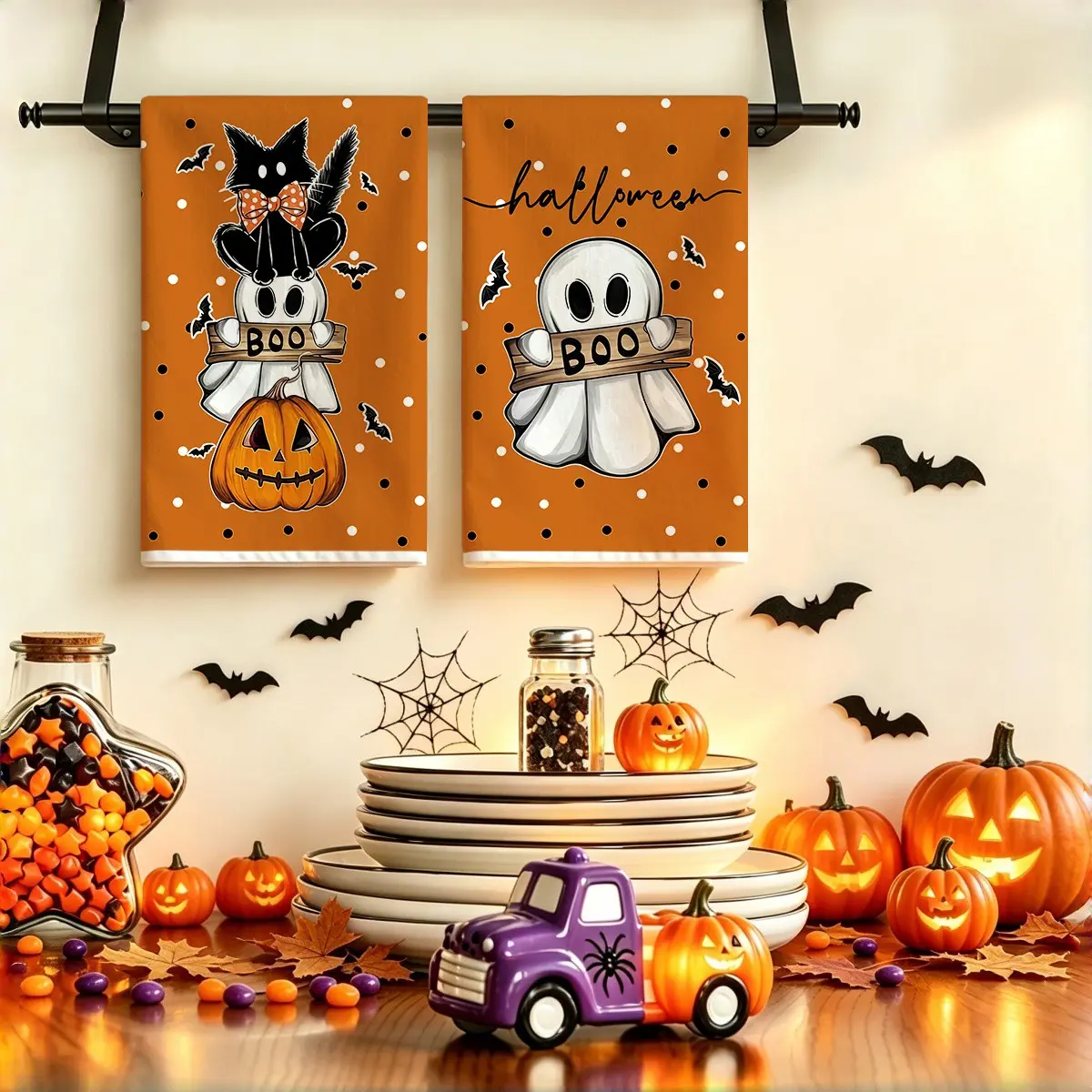 2pcs Halloween Kitchen Towels, Retro Ghost, Black Cat, Pumpkin, Bat Pattern Towel Set, Home Decoration Kitchen Towels, Comfortable Quick Drying Kitchen Tea Towels, Multi functional Towels, Halloween Decoration Supplies,