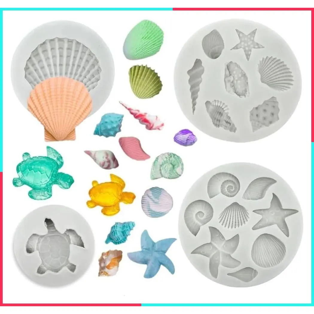 Marine Theme Silicone Fondant Mold Set – Seashell & Sea Turtle Chocolate Candy Molds, 4 PCS