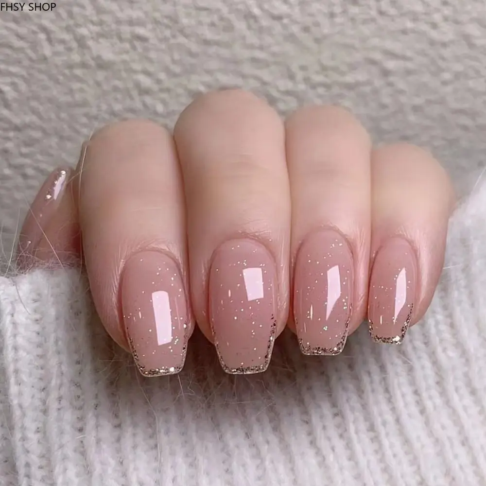 24Pcs Reusable Nude Pink French Glitter Nails, Short Ballerina Press-On Manicure Kit with Glue & File, Removable Sparkly Fake Nails for Home DIY, Long-Lasting Shine for Everyday Style