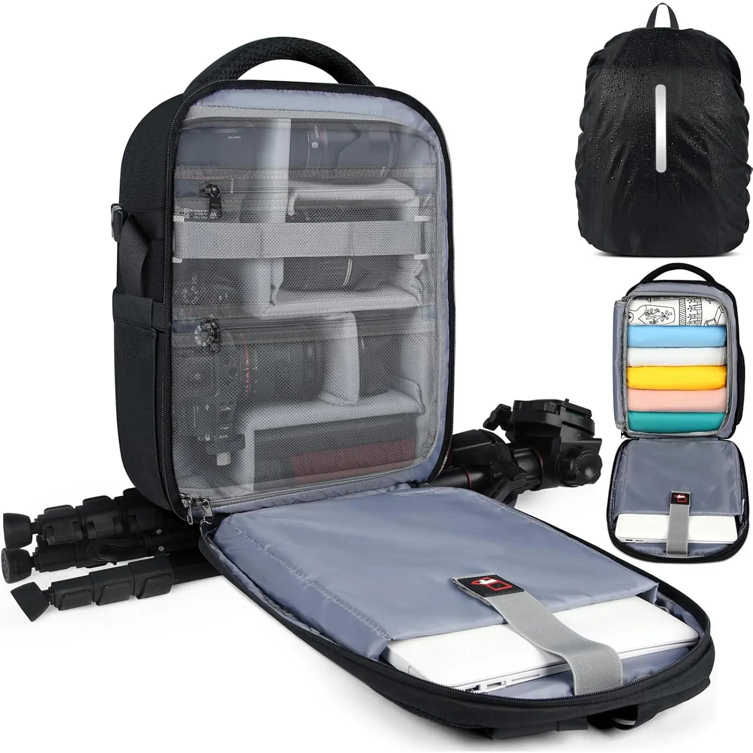 Adjustable Oxford Fabric Camera Backpack (Model 1) - Fits DSLR, SLR, Mirrorless Devices, 14in Laptop Compartment, Tripod & Monopod Holder, Rain Cover, Accessories for Travel, Hiking, Black