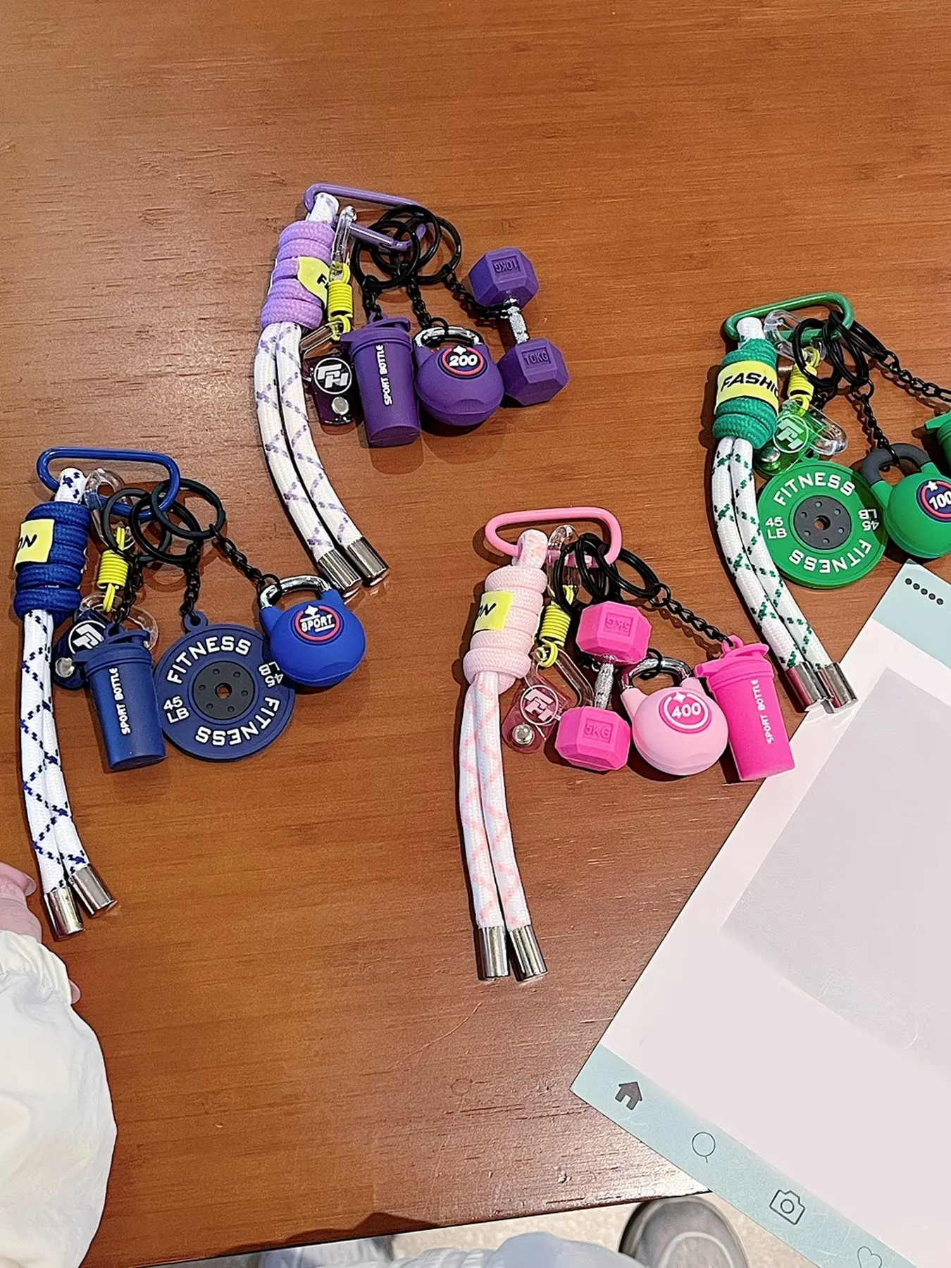 Fitness-Themed Woven Rope Keychain, Stylish Keychain, Stylish Keyring, With Dopamine-Boosting Color-Blocking Style, Featuring Mini 3d Kettlebell, Dumbbell, Shaker Cup Pendants, Perfect For Backpack Decoration, Couple Gifts, Or Key Storage, Key Accessories