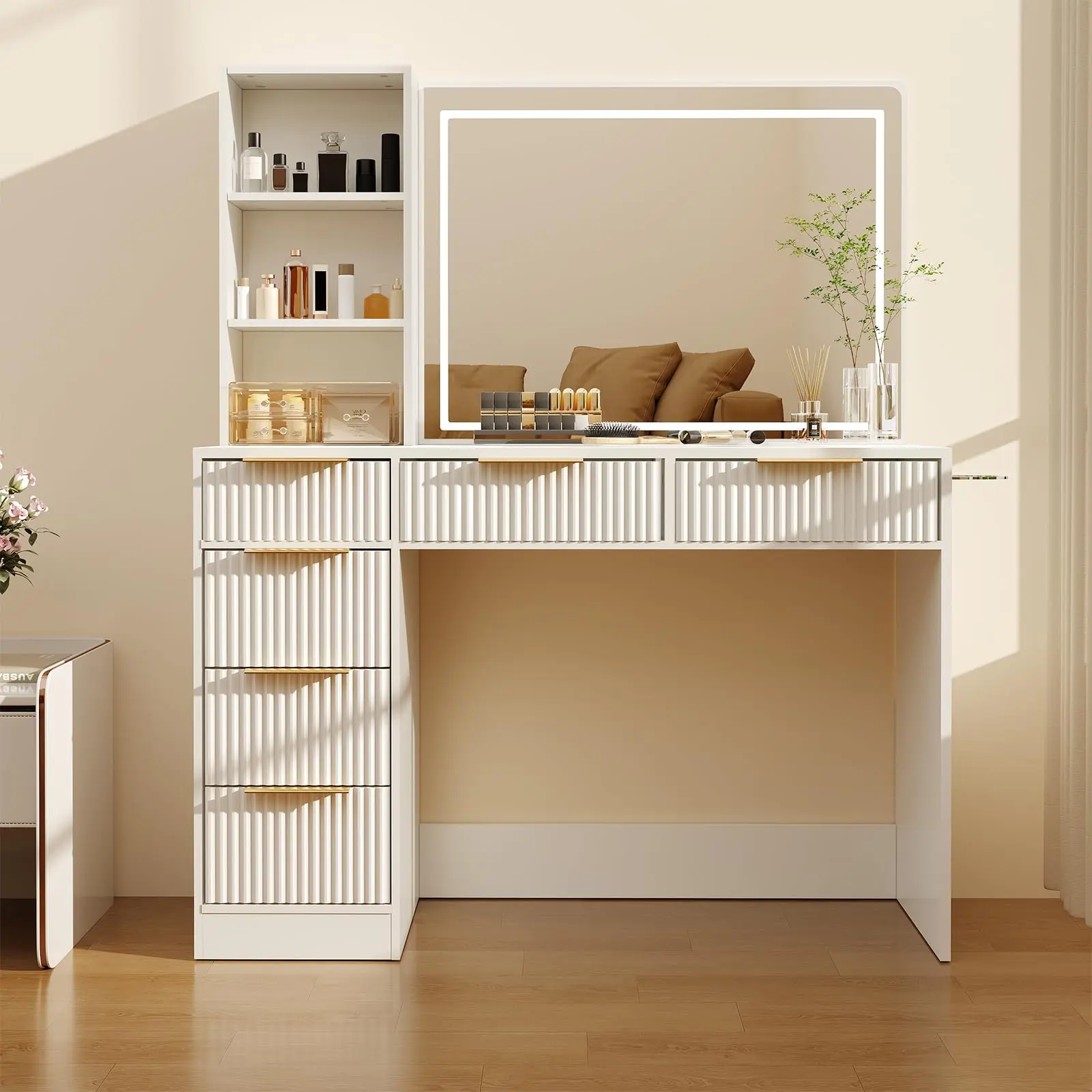 Garvee Kids Makeup Vanity Table White Finish with Mirror Spacious Storage Drawer Dressing Table for Bedroom Playroom Beauty Corner Cosmetic Organizer Girls Room Furniture Home Decor