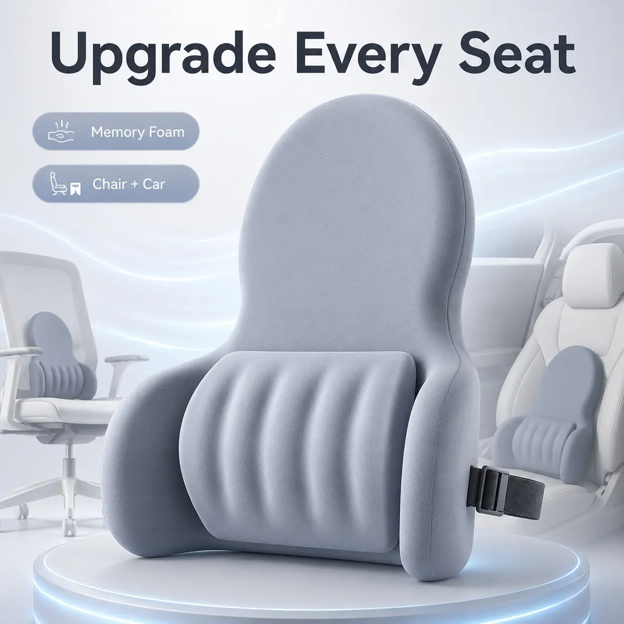 Memory Foam Lumbar Support Pillow for Office Chair and Car, Ergonomic Back Cushion with Adjustable Strap, Breathable Back Support for Long Sitting