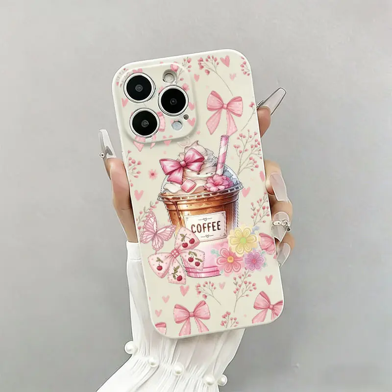 Pink Coffee Bows Phone Case， Aesthetic Girly Style for iPhone 17 16 15 14 13 12 11 Plus Pro Max， Perfect Cute Holiday Gift.