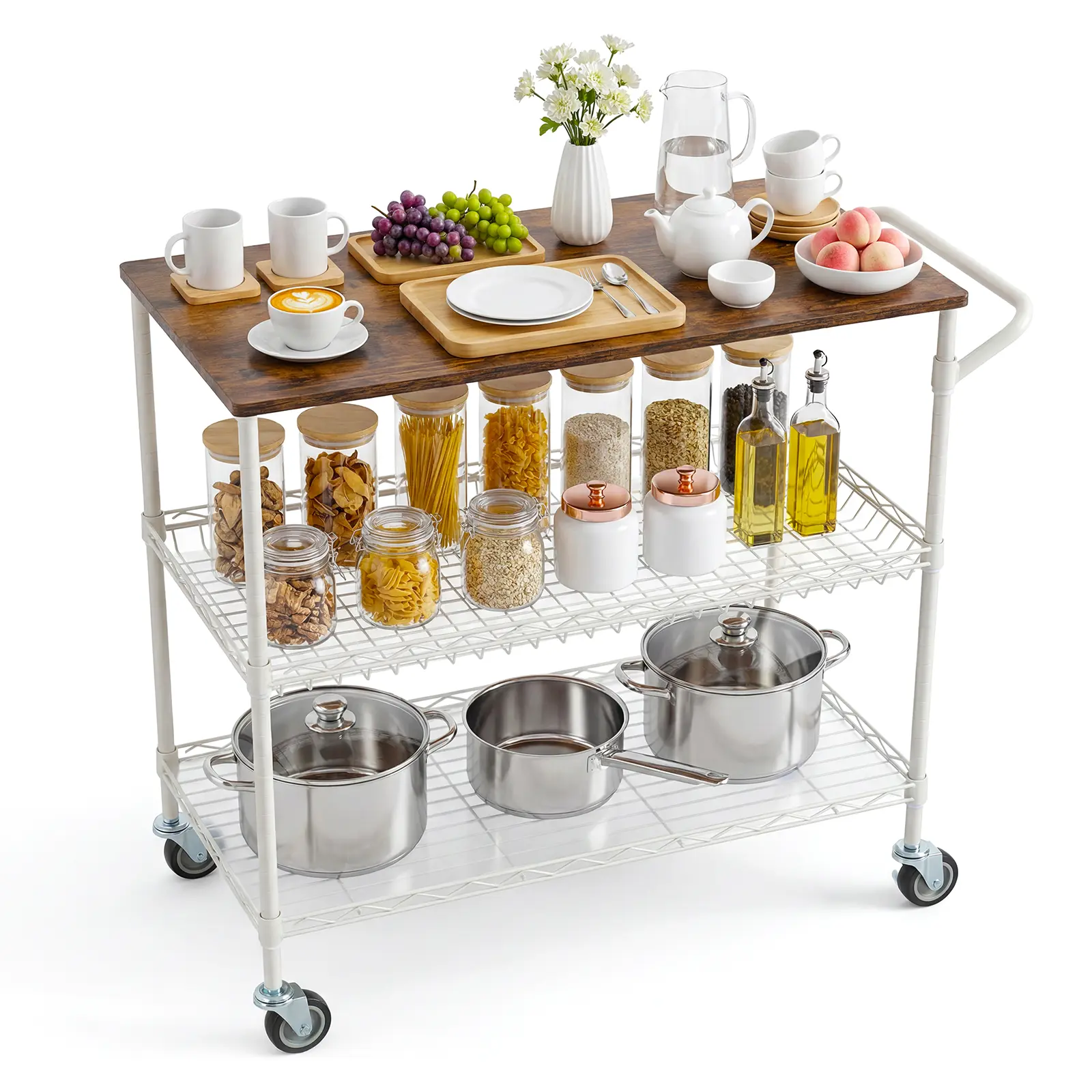 Garvee Heavy Duty 3-Tier Outdoor Grill Dining Cart with Wood Top – Metal Mesh Shelves, 2 Shelf Liners, 10 Hooks, Mobile Serving Trolley, 250kg Capacity – Ideal for BBQ, Pizza Oven, Outdoor Kitchen – Sand Black Tube
