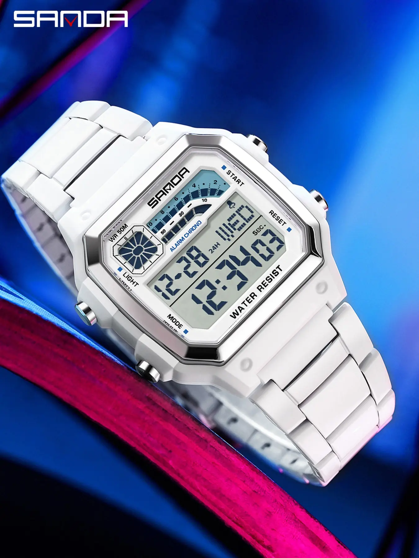 1Pcs Sanda 6196 Retro Metal Small Square Electronic Watch 5Atm Waterproof Multifunctional Chronograph Stopwatch 12/24-Hour Luminous Big Screen Men's Sports Watch
