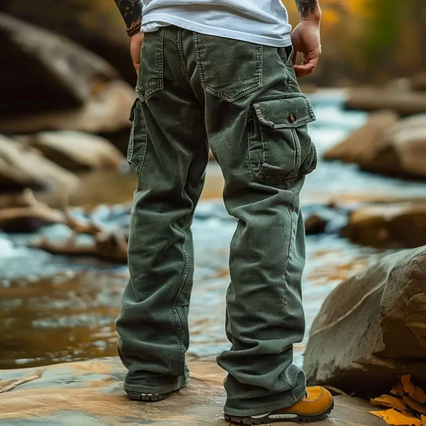 Cross-border European and American corduroy casual pants for men, 2026 autumn collection, vintage loose-fit workwear with multiple pockets, casual loose long pants