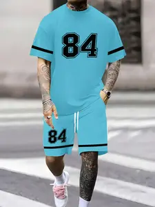 Men's Fashion Round Neck Short Sleeve Shorts Set, 3D Digital Print Number 84, Summer Sports and Daily Wear, Casual Style