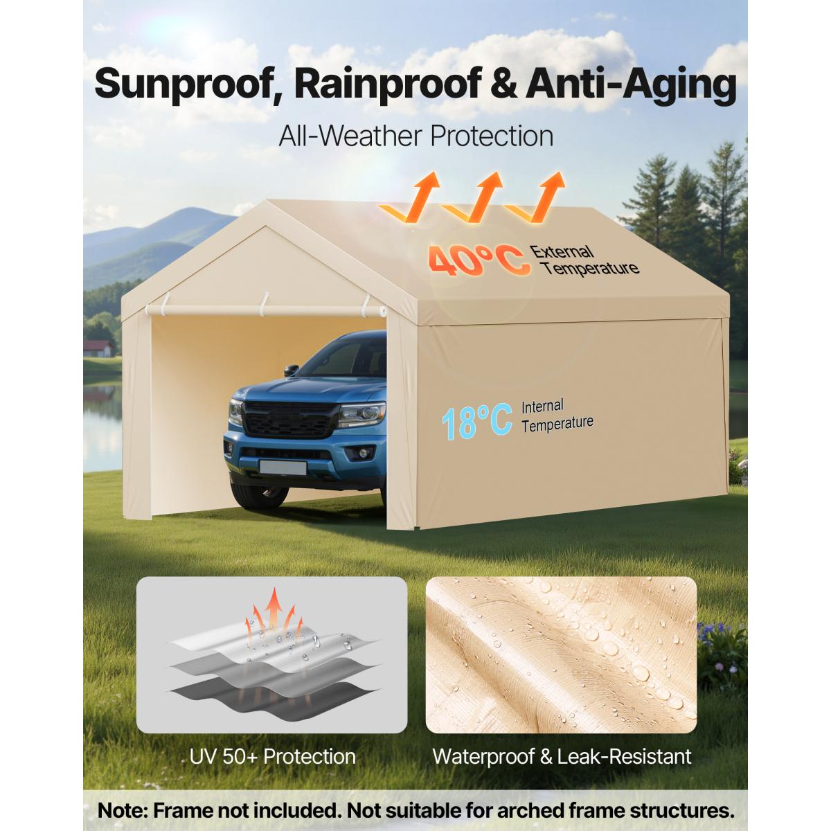 10 x 20 ft Carport Replacement Canopy Heavy Duty Waterproof UV-Resistant Portable Garage Tent Top Tarp with Sidewalls & Ball Bungees Beige Outdoor Vehicle Shelter Cover for Car Truck Patio Backyard Storage Sun Shade All Weather Protection Frame Not Includ