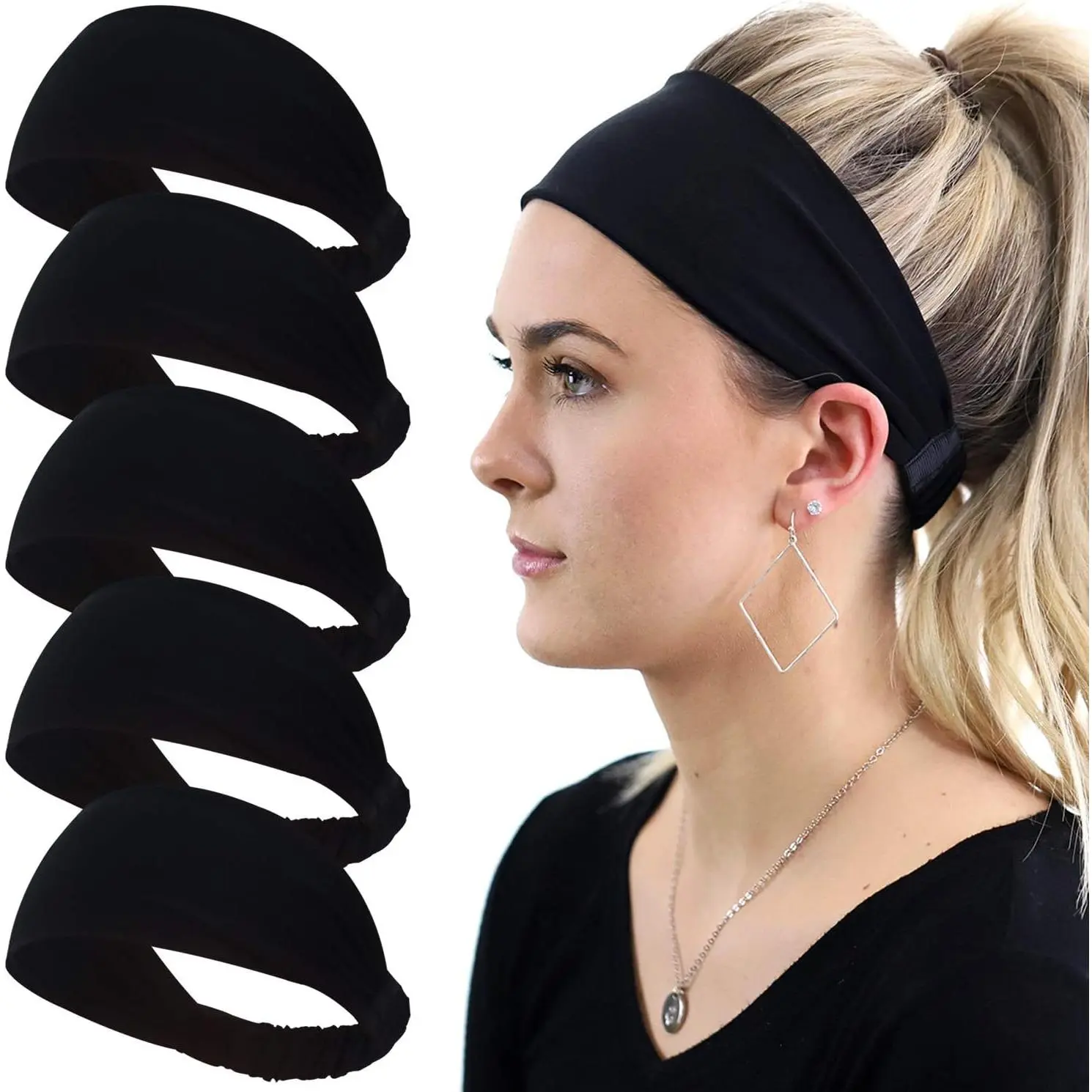 Women's 5-Pack Wide Nylon Spandex Headbands, Soft Stretch Sweat-Absorbing Elastic Hairbands, Comfortable Workout Wear for Fitness Travel
