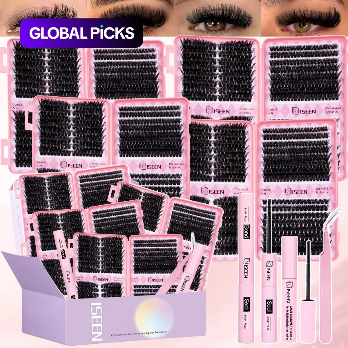 Lash Clusters Kit, Mixed 8-16mm D Curl, Natural and Fluffy Volume Individual Lashes, Long-Lasting Lash Bond, Seal, Remover, and Tweezers Included, DIY Cosmetic Lash Extensions, Easy to Apply for Beginners, Perfect Gift for Women
