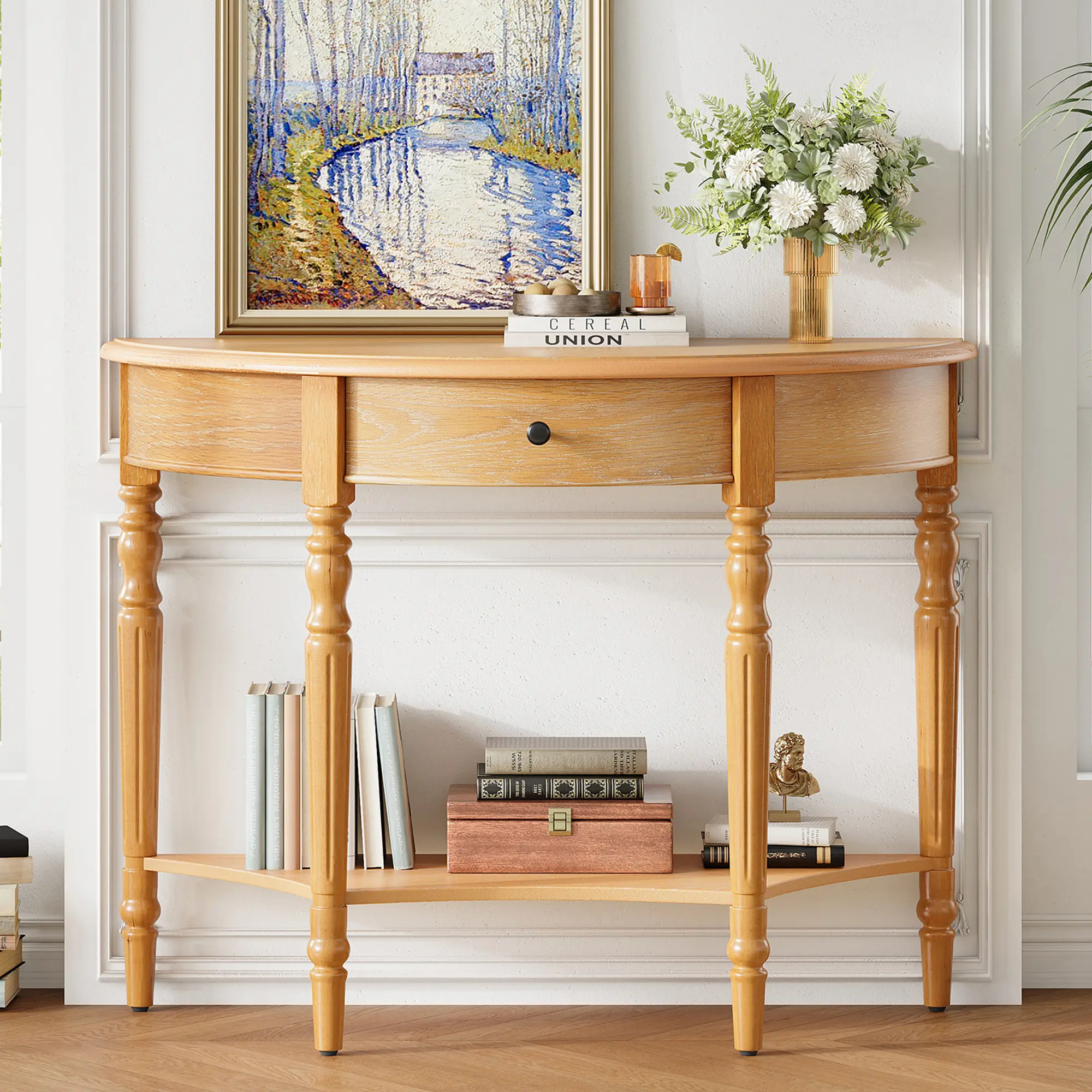 ARCH TREXM Farmhouse Half Moon Console Table with Drawer & Shelf Rustic Accent Sofa Table for Entryway Living Room Hallway Foyer Natural Wood Finish Narrow Entry Table with Storage Space Saving Design, Living Room Furniture for Apartment, Lounge