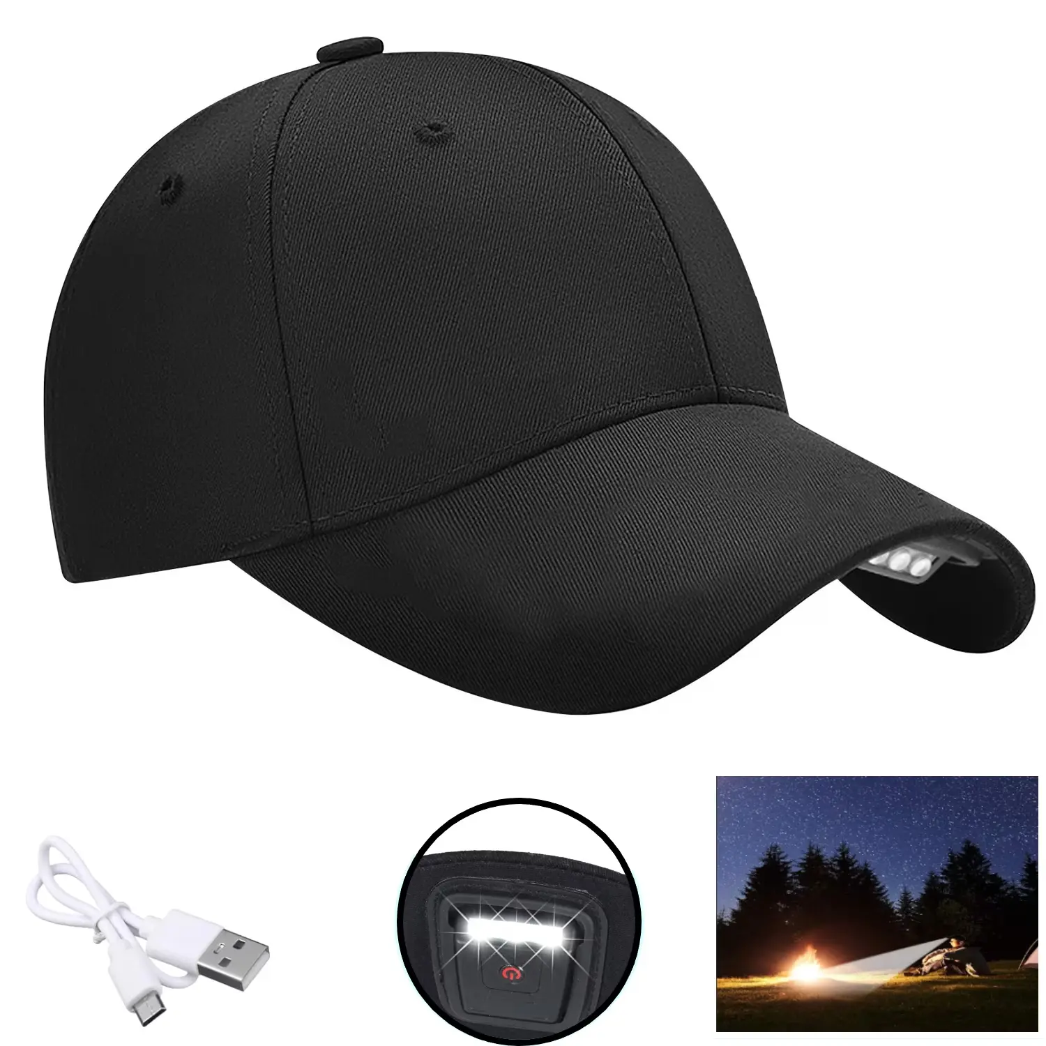Unisex Adjustable Cotton Hands-Free LED Baseball Cap - USB Rechargeable, One-Size-Fits-All, Ideal for Night Fishing, Camping