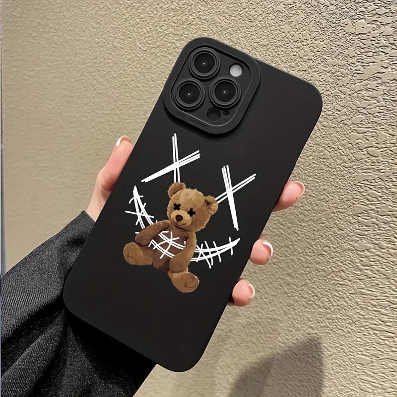 Dark Aesthetic Teddy Bear Tuff Phone Case for iPhone 11 12 13 Mini 14 15 Plus 16 E 17 Pro Max Plus E, Y2K Streetwear Cross Eyes Bear Shockproof Protective Cover